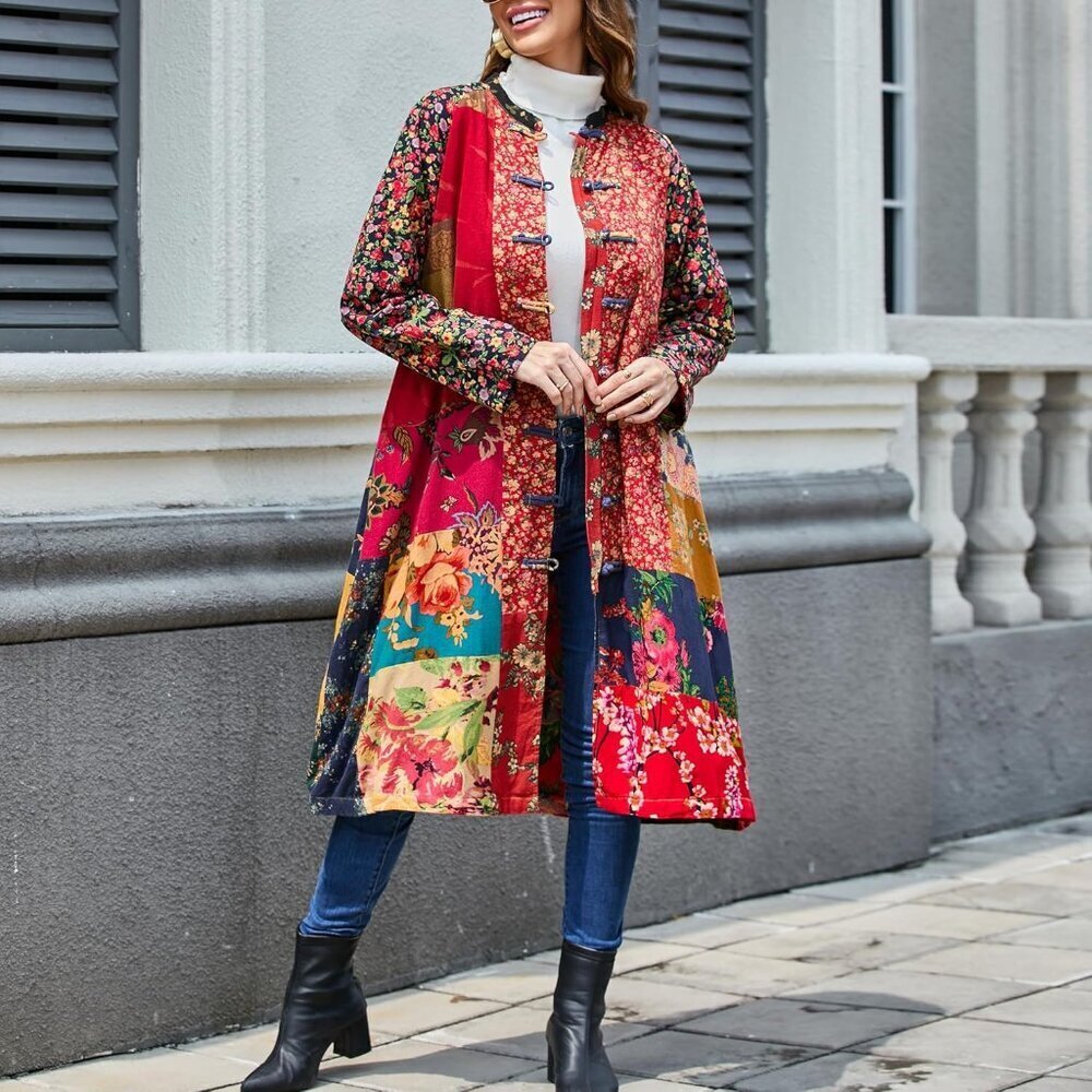 Floral Print Linen Cotton Jacket Bohemian Patchwork Outwear Women Large - Picture 3 of 8
